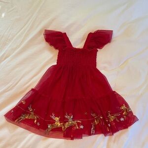 Zunie Red Tulle Dress with Gold Reindeer
